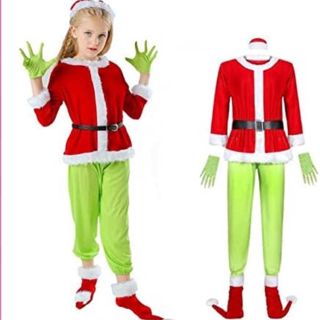 Christmas Green Monster Costume Santa Suit Belt Pants Set Cosplay Outfit